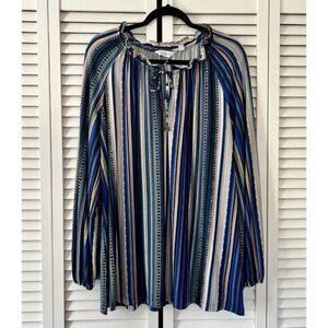 Susan Graver Liquid Knit Peasant Top w/ Ruffle Detail Blue/Jade A468659 Size 2X